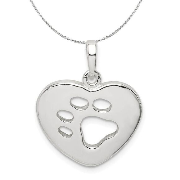 Sterling Silver 19mm Polished Heart and Paw Print Necklace - 24 Inch